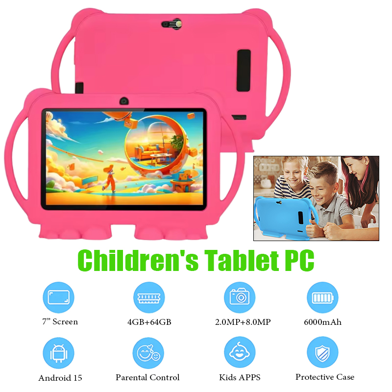 Learning Tablet Kids - 7인치 어린이용 태블릿, 만화 캐릭터 케이스,